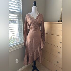 Long-Sleeve Wrap Midi Dress in Warm Brown-0025